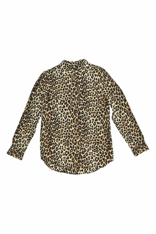 Brown leopard print classic collar button-front shirt with chest cargo pockets