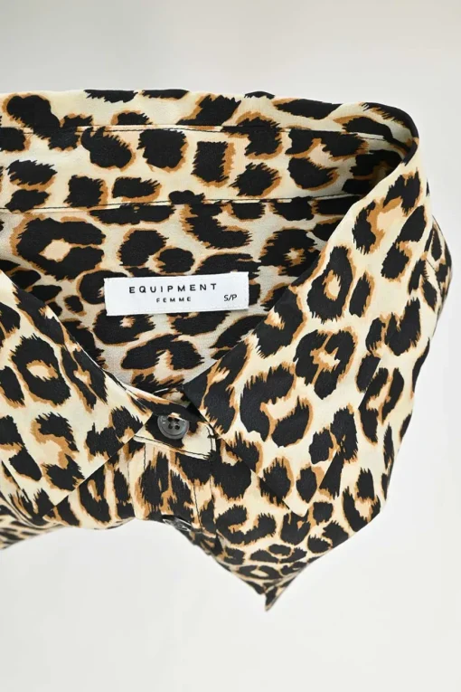 Brown leopard print classic collar button-front shirt with chest cargo pockets