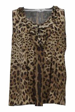Brown leopard print half-button pullover sleeveless top with ruffled neckline