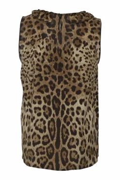 Brown leopard print half-button pullover sleeveless top with ruffled neckline