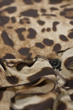 Brown leopard print half-button pullover sleeveless top with ruffled neckline