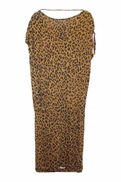 Brown leopard print silk jersey drop-waist boat neck draped shift dress