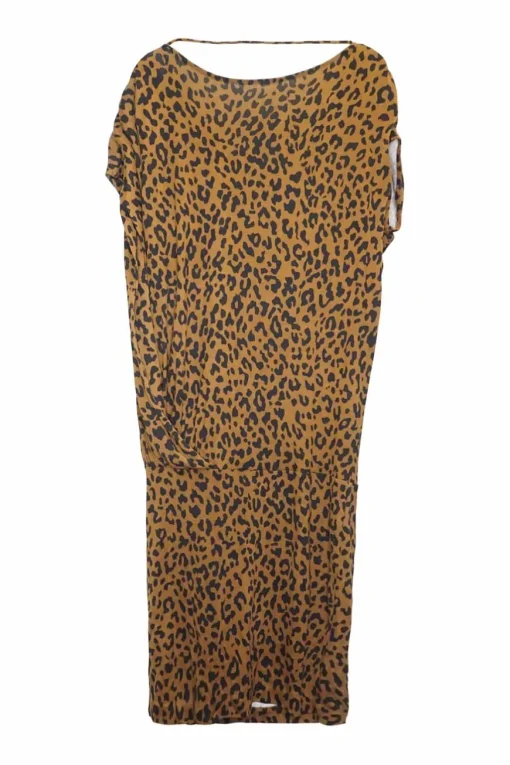 Brown leopard print silk jersey drop-waist boat neck draped shift dress