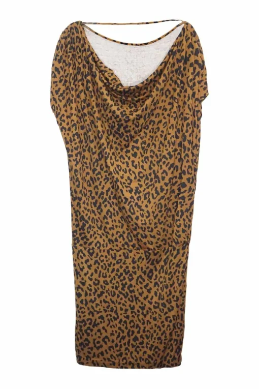 Brown leopard print silk jersey drop-waist boat neck draped shift dress