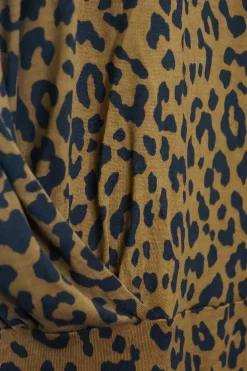 Brown leopard print silk jersey drop-waist boat neck draped shift dress