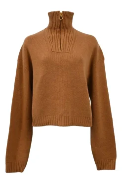 Brown merino wool-Tencel blend funnel neck half-zip pullover sweater