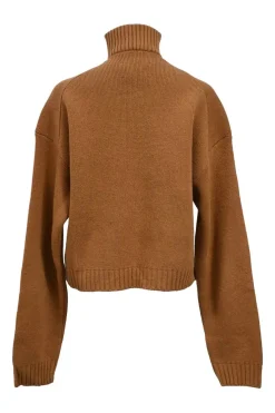 Brown merino wool-Tencel blend funnel neck half-zip pullover sweater