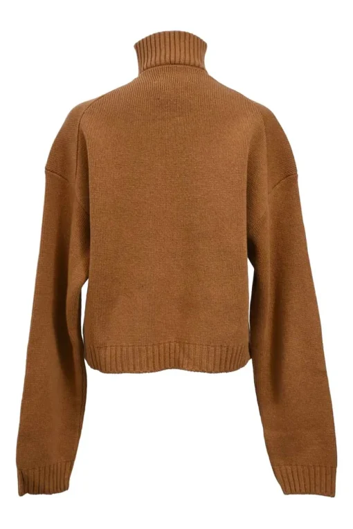 Brown merino wool-Tencel blend funnel neck half-zip pullover sweater
