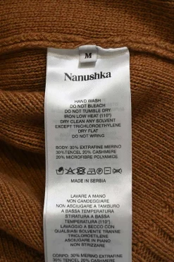 Brown merino wool-Tencel blend funnel neck half-zip pullover sweater