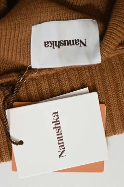 Brown merino wool-Tencel blend funnel neck half-zip pullover sweater
