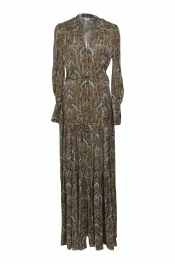 Brown metallic stripe paisley floral silk jacquard Monali slit maxi dress with split V-neck and tiered skirt