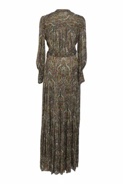 Brown metallic stripe paisley floral silk jacquard Monali slit maxi dress with split V-neck and tiered skirt