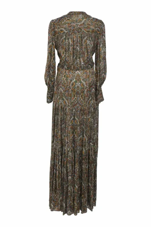 Brown metallic stripe paisley floral silk jacquard Monali slit maxi dress with split V-neck and tiered skirt