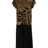 Brown mixed-media cotton drop-waist dolman sleeve column dress with zebra print bodice and contrasting plissé skirt