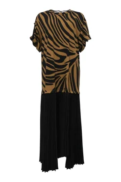Brown mixed-media cotton drop-waist dolman sleeve column dress with zebra print bodice and contrasting plissé skirt