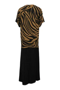 Brown mixed-media cotton drop-waist dolman sleeve column dress with zebra print bodice and contrasting plissé skirt