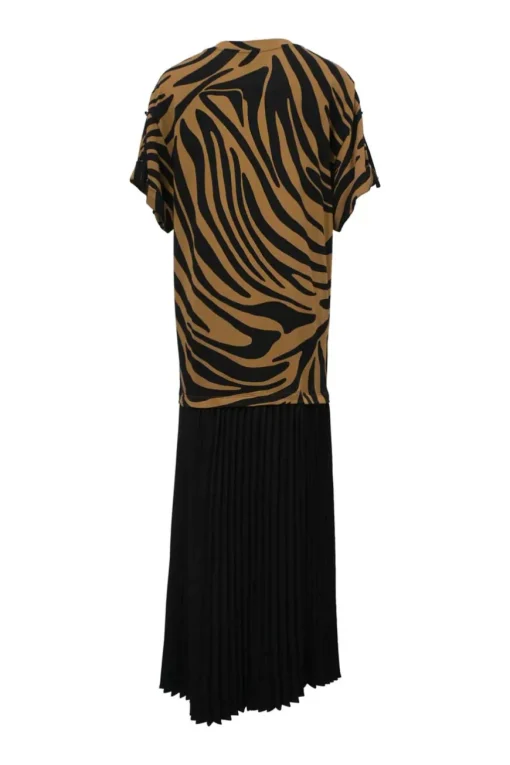 Brown mixed-media cotton drop-waist dolman sleeve column dress with zebra print bodice and contrasting plissé skirt