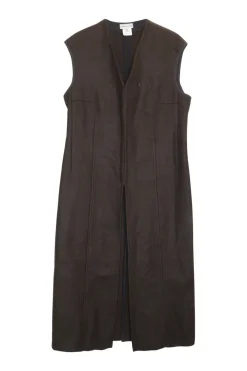Brown nylon pullover slit-front pinafore tunic-style long waistcoat