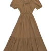 Brown off-shoulder keyhole puff sleeve tiered maxi dress with self-tie fastening at centre front