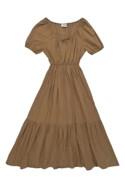 Brown off-shoulder keyhole puff sleeve tiered maxi dress with self-tie fastening at centre front