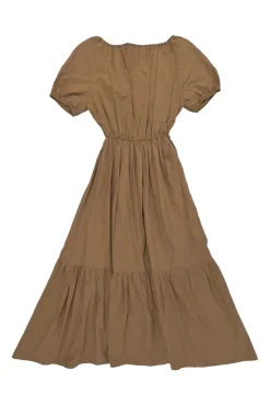 Brown off-shoulder keyhole puff sleeve tiered maxi dress with self-tie fastening at centre front