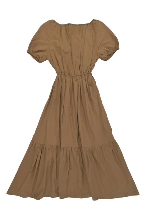 Brown off-shoulder keyhole puff sleeve tiered maxi dress with self-tie fastening at centre front