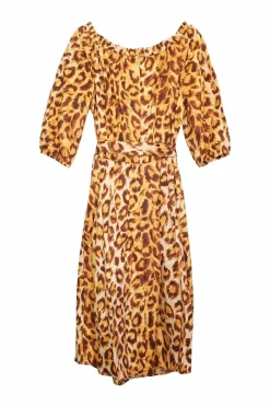 Brown panthera-print cotton puff sleeve belted midi dress