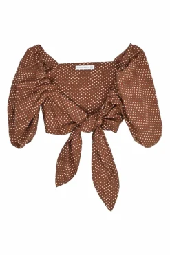 Brown polka dot print tie-front puff sleeve crop top