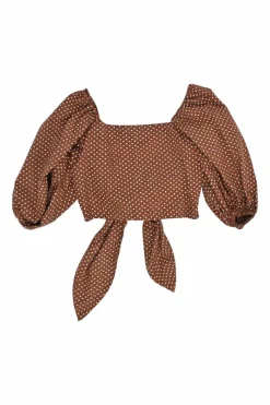 Brown polka dot print tie-front puff sleeve crop top