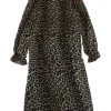 Brown polyester chiffon leopard print ruffle collar smock plissé midi dress with elasticated flounce cuffs