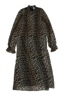 Brown polyester chiffon leopard print ruffle collar smock plissé midi dress with elasticated flounce cuffs