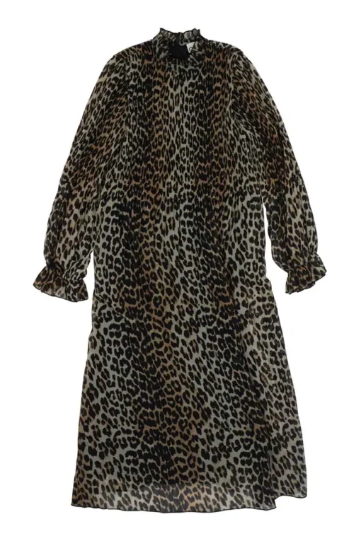 Brown polyester chiffon leopard print ruffle collar smock plissé midi dress with elasticated flounce cuffs