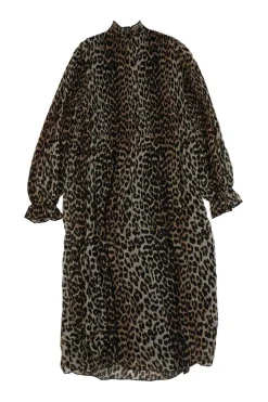 Brown polyester chiffon leopard print ruffle collar smock plissé midi dress with elasticated flounce cuffs