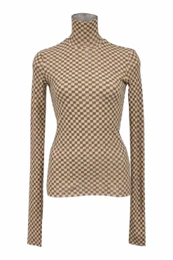 Brown polyester Harri check mesh turtleneck pullover second-skin knit top