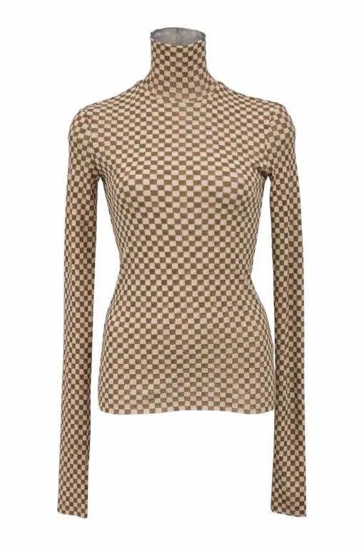 Brown polyester Harri check mesh turtleneck pullover second-skin knit top