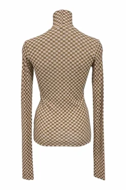 Brown polyester Harri check mesh turtleneck pullover second-skin knit top