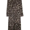 Brown polyester leopard print twist-front pullover midi shirt dress