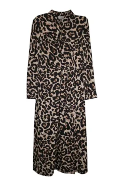 Brown polyester leopard print twist-front pullover midi shirt dress
