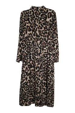 Brown polyester leopard print twist-front pullover midi shirt dress