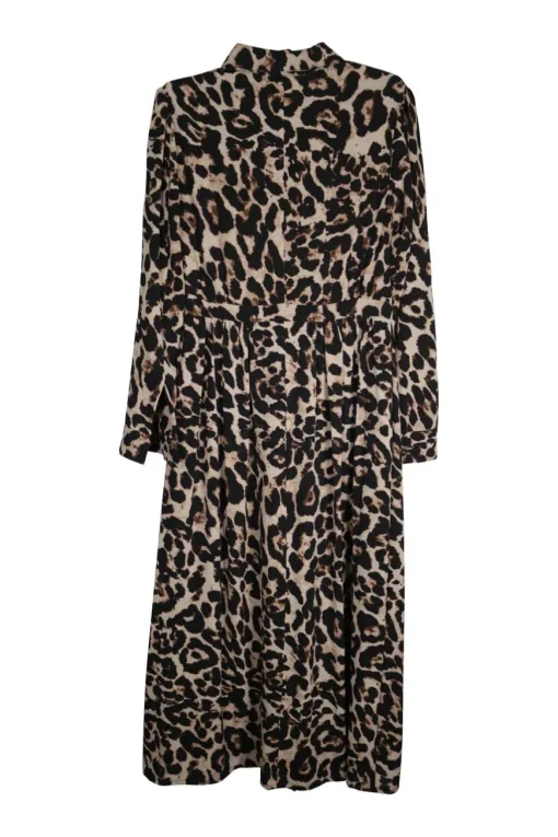 Brown polyester leopard print twist-front pullover midi shirt dress