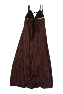 Brown polyester satin and polyamide lace mixed-media illusion cutout cup plissé slip dress