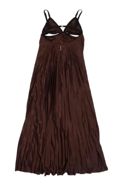 Brown polyester satin and polyamide lace mixed-media illusion cutout cup plissé slip dress
