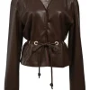 Brown polyester-blend faux leather Faroe plunge neck tie-waist tailored top