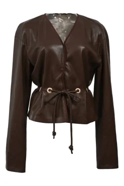Brown polyester-blend faux leather Faroe plunge neck tie-waist tailored top