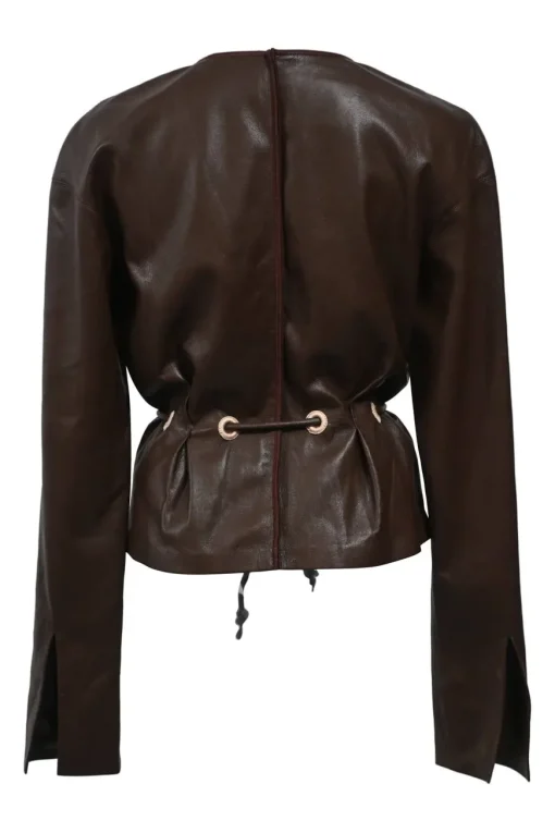 Brown polyester-blend faux leather Faroe plunge neck tie-waist tailored top