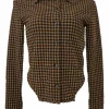 Brown polyester-blend gingham seersucker spread collar button-front blouse