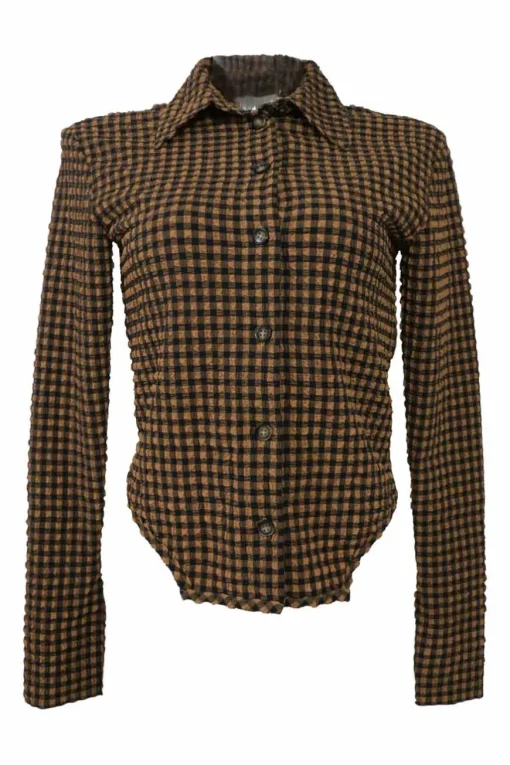 Brown polyester-blend gingham seersucker spread collar button-front blouse