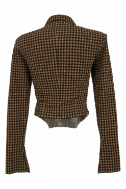 Brown polyester-blend gingham seersucker spread collar button-front blouse