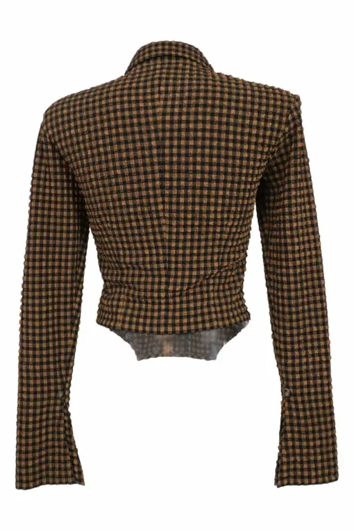 Brown polyester-blend gingham seersucker spread collar button-front blouse