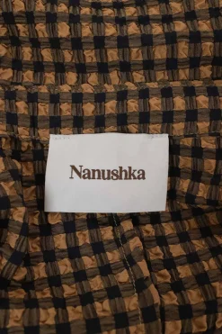 Brown polyester-blend gingham seersucker spread collar button-front blouse